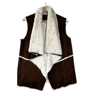 Brown Faux Suede Sherpa Vest – Boho Western Sleeveless Women’s Medium